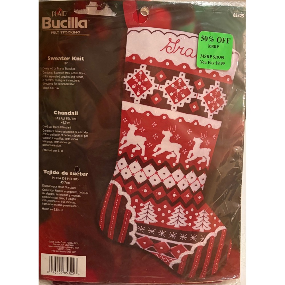 NIP Bucilla Sweater Knit 18 Felt Stocking Kit Maria Stanziani Reindeer Red New